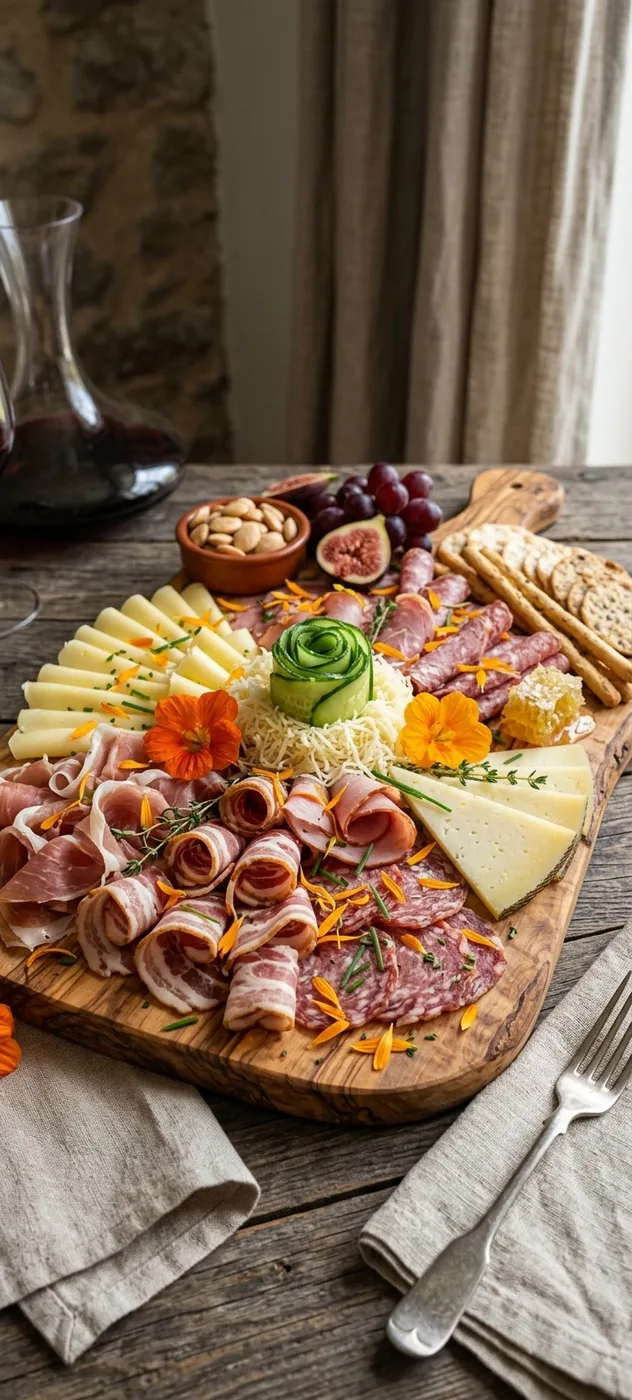 A charcuterie board with cheeses, cured meats, figs, and garden flowers
