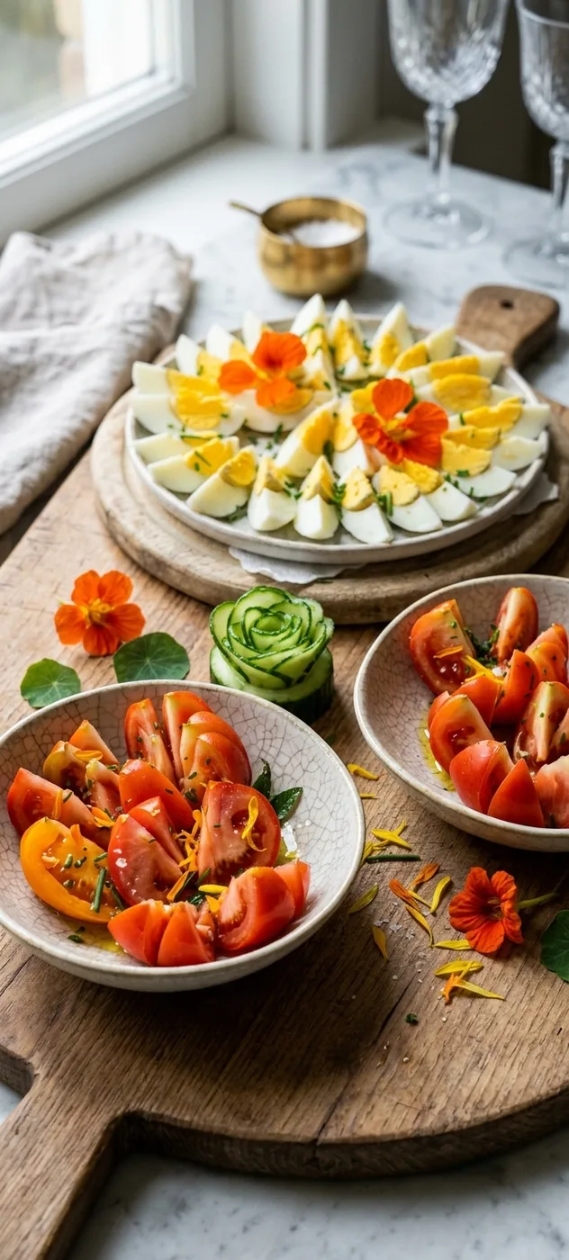 Sliced tomatoes and halved boiled eggs on a wooden board by a window