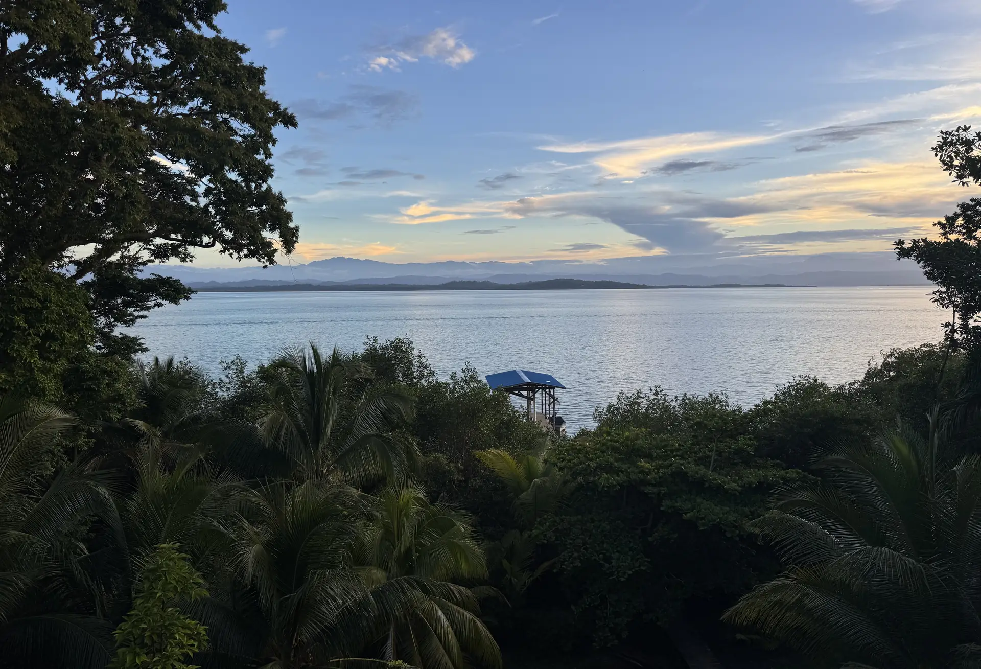 Looking out from the island over the treetops to the bay and the mountains of Bocas del Toro