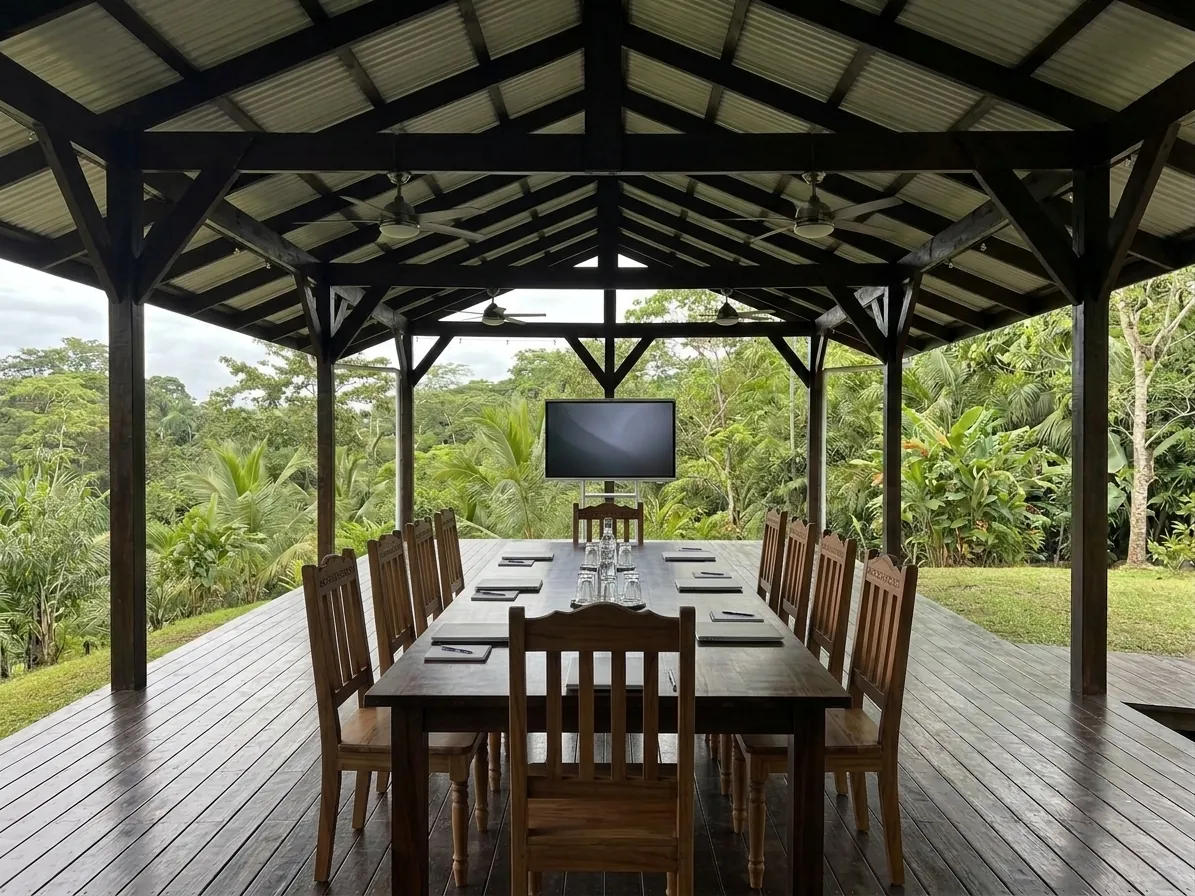 Inside the pavilion, a long meeting table with leather pads and glasses facing a large screen at the far end