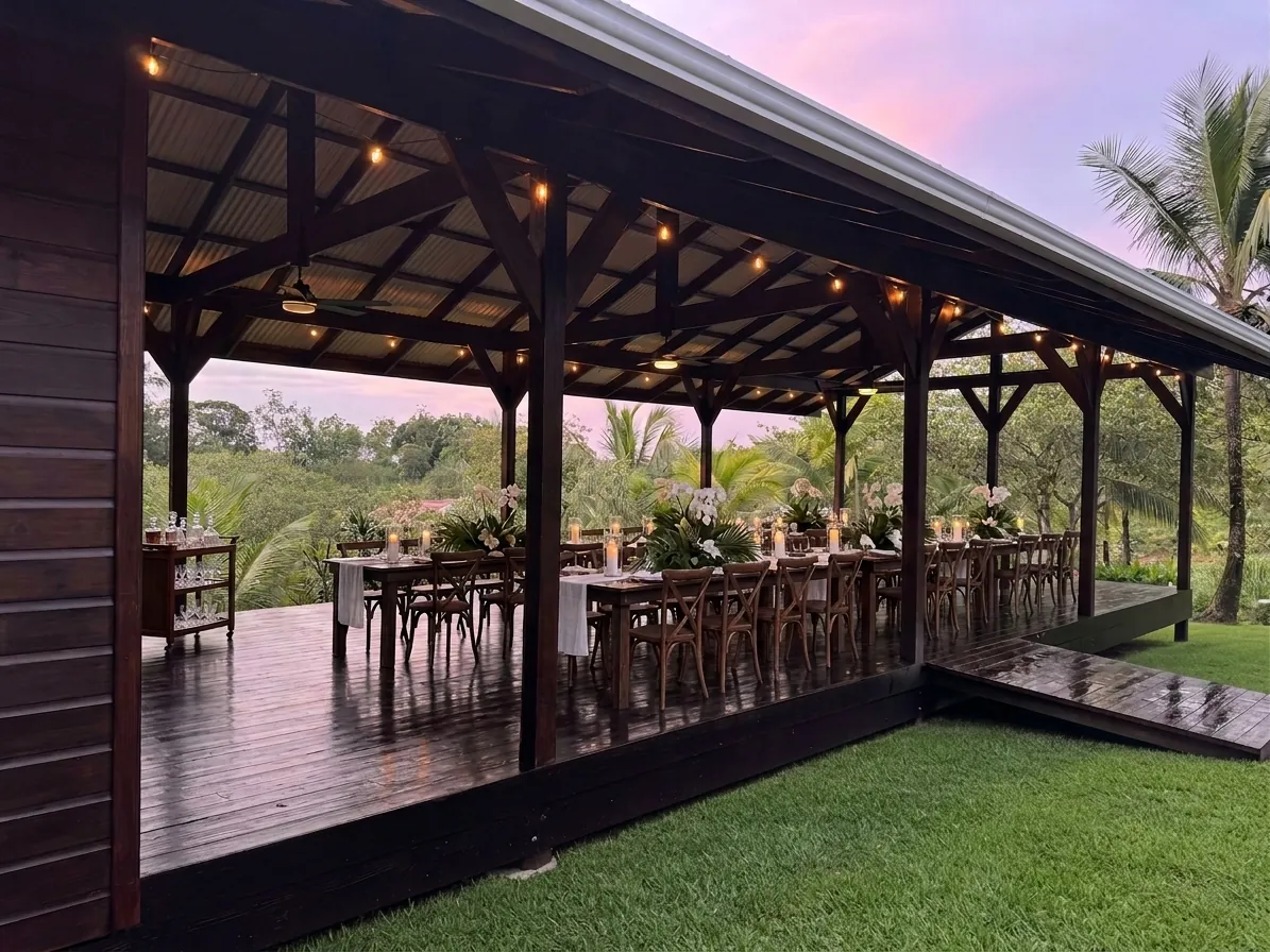 The pavilion from the side at dusk, string lights on over the dinner tables and a pink sky behind the palms
