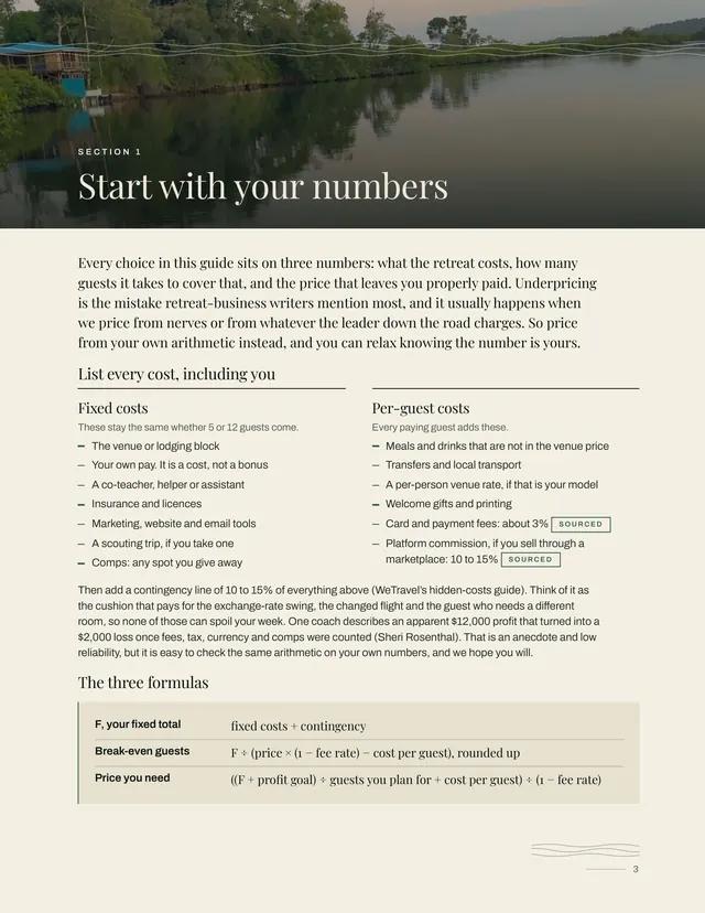 A page of The Retreat Profit Playbook: Start with your numbers, listing fixed and per-guest costs and the three break-even formulas
