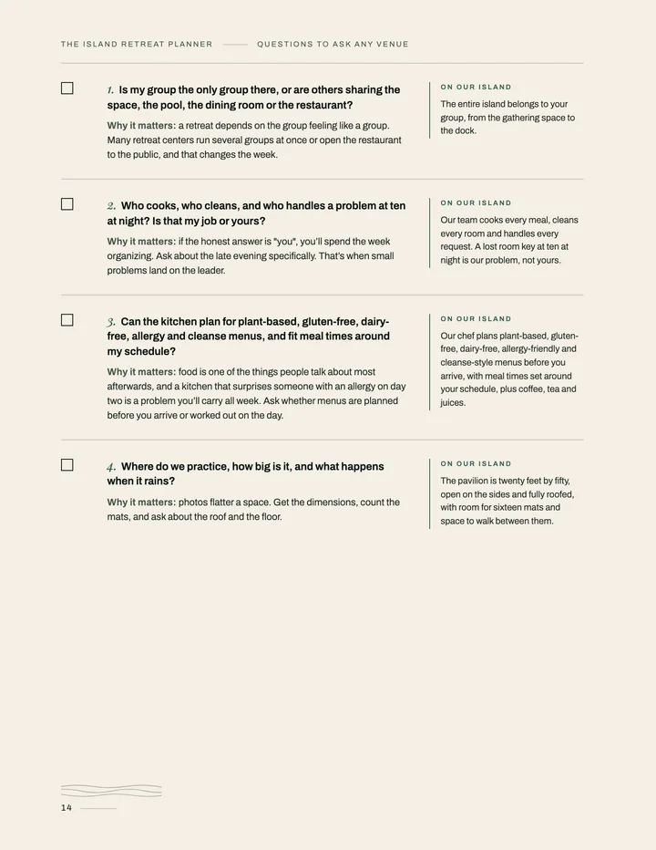 A page of the planner: questions to ask any venue, with a checkbox beside each