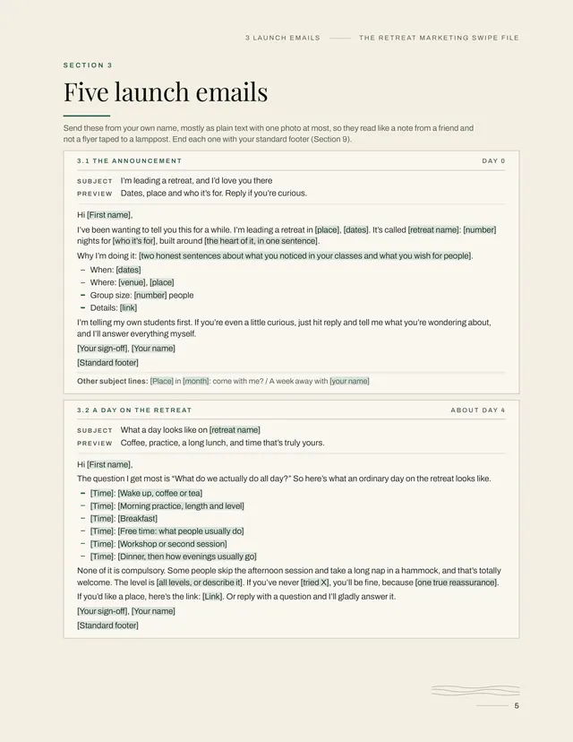 A page of The Retreat Marketing Swipe File: five launch emails, ready to paste