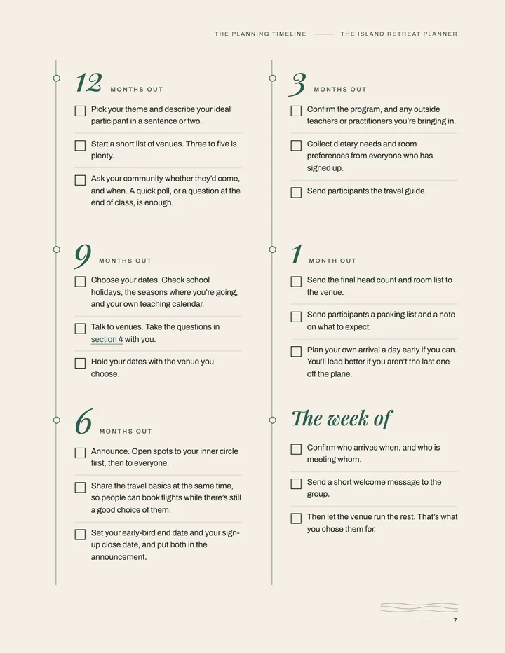 A page of the planner: the planning timeline as a checklist, twelve months out to the week of