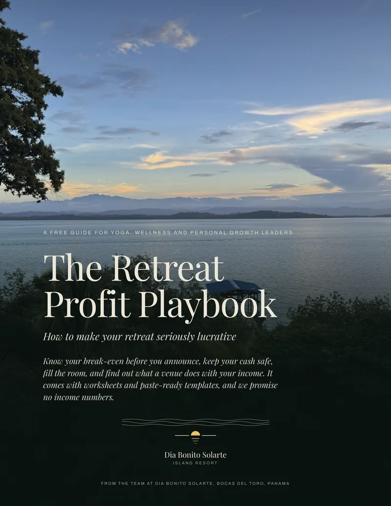 The cover of The Retreat Profit Playbook: How to make your retreat seriously lucrative, over a lagoon at dusk seen from the island