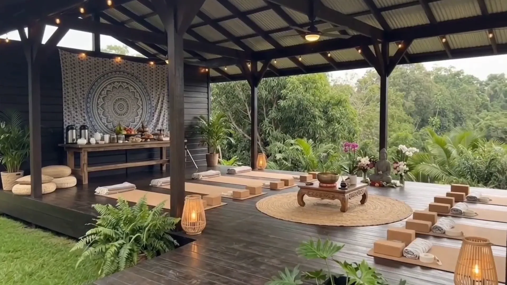 The open-air yoga pavilion set with mats, cushions, and candles at dusk, jungle beyond the rail